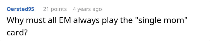 Screenshot of an online comment criticizing someone for playing the single mom card in a neighbor babysitting dispute.