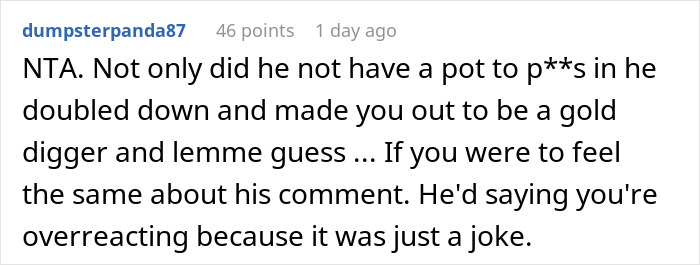 Screenshot of a Reddit comment discussing a husband jokingly trapped by his wife with a sharp reality check.
