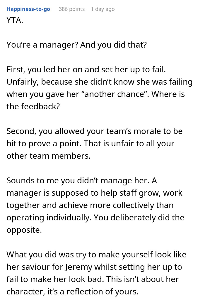 Screenshot of a forum comment discussing management and team morale issues related to a friend getting fired situation.