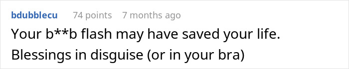 Comment text reading a warning about a flash saving lives and blessings in disguise related to a drunk wife flashing incident. - 41