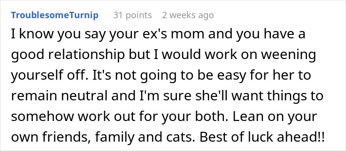 Screenshot of an online comment advising to maintain distance from an ex's mom and focus on friends and family for support. - 94