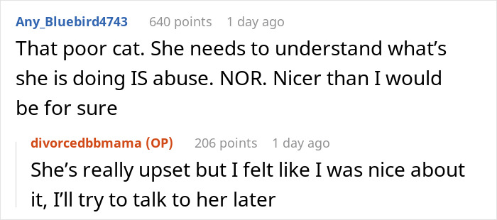 Comments discussing a woman calling her sister out over her severely overweight cat and concerns about animal abuse. - 18