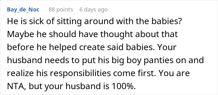 Reddit comment discussing a guy wanting a solo trip while wife cares for 7-year-old and 8-month-old twins. - 30