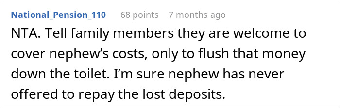 Screenshot of an online discussion about person facing backlash for not inviting nephew on vacation after multiple trip cancellations.