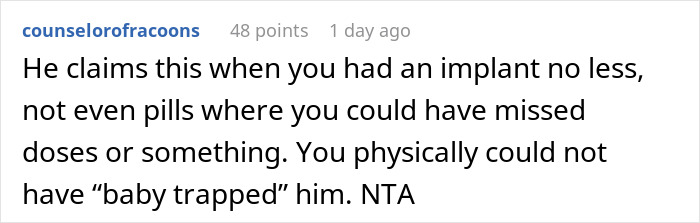 Screenshot of a forum comment debating if a husband was truly baby trapped, with a wife&rsquo;s brutal reality check referenced.