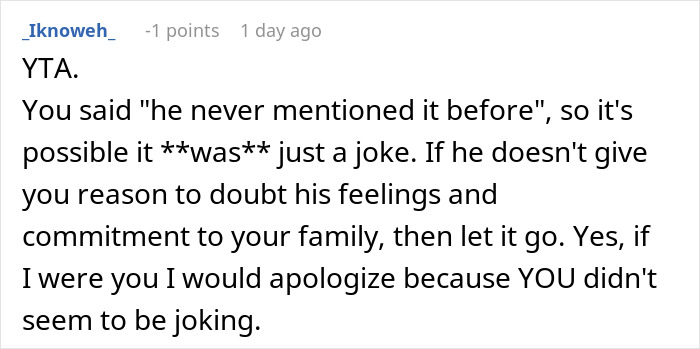 Reddit user explaining a husband jokes wife baby trapped him comment, discussing feelings and family commitment.