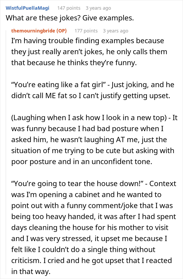 Reddit post discussing emotional manipulation in a relationship and a woman’s experience with a controlling husband. - 17