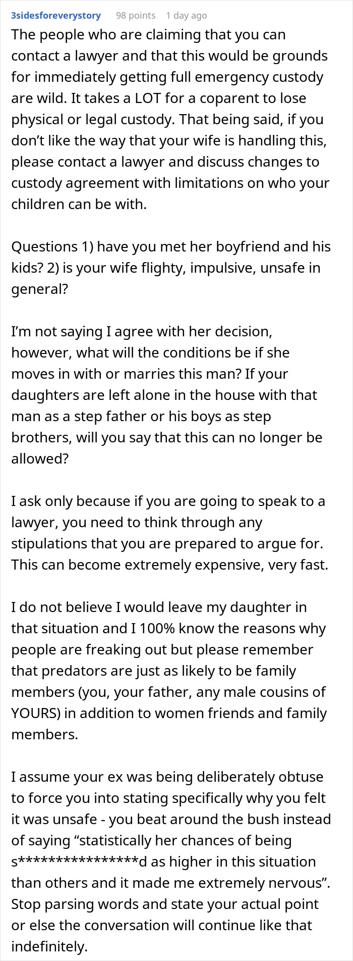 Comment discussing legal advice on custody concerns when an 8-year-old spends the night at mom&rsquo;s boyfriend&rsquo;s house.