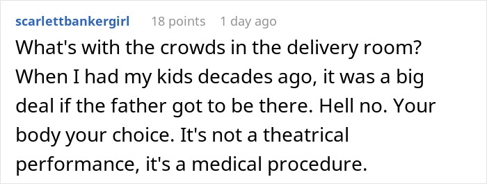 User comment discussing crowded delivery room experiences and emphasizing the medical nature over performance during baby birth DNA procedures. - 23