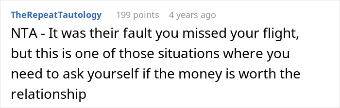 Text comment about woman missing flight babysitting niece and asking parents for compensation in an online discussion. - 12