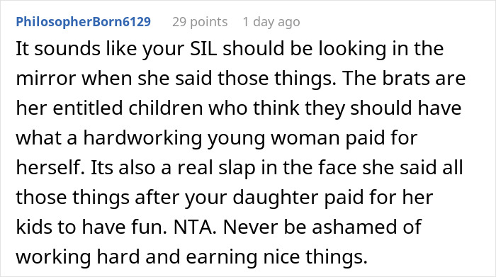Screenshot of a Reddit comment discussing a hardworking young woman spending money on a family vacation causing jealousy.