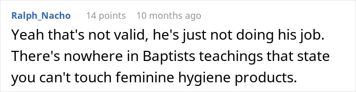 Comment discussing the boss confronting custodian who refused to empty feminine hygiene waste bins due to religion.