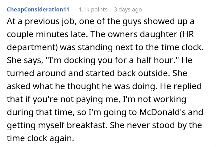 Comment discussing penalty for being late, highlighting strict time docking rules and employee response at previous job.