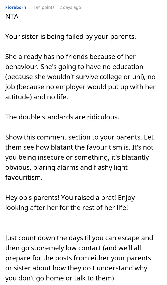 Comment discussing golden child stealing brother&rsquo;s gifts, highlighting family favoritism and sibling conflict frustrations.