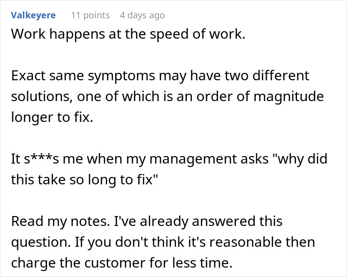Text post discussing work speed issues and frustration with management ignoring messages after client updates. - 27