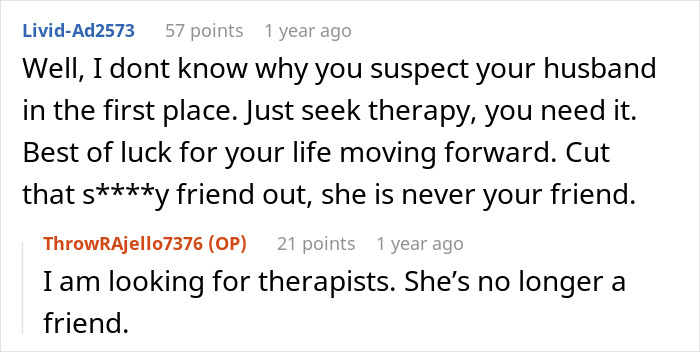 Reddit user advises therapy after bestie forcefully kissed husband, raising suspicion about a possible affair.