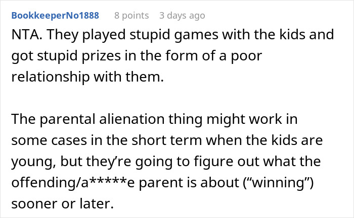 Reddit comment discussing parental alienation and broken relationships after kids choose to go no-contact with a dad.