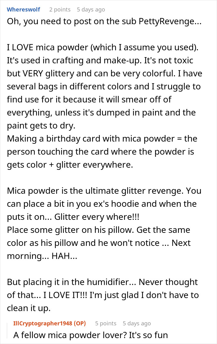Discussion about using glitter in a humidifier as a petty revenge for a roommate stealing clothes.