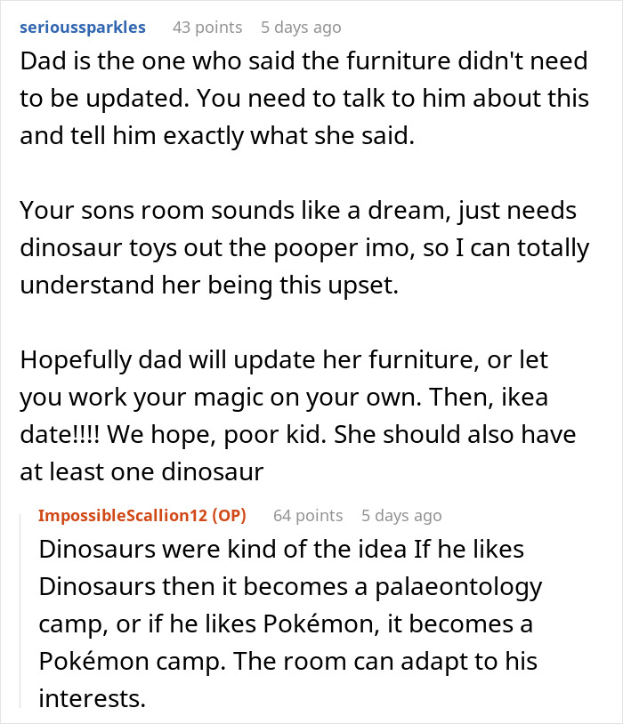 Screenshot of a Reddit discussion about a mom putting more effort into her son's room than her step-daughter’s room. - 15