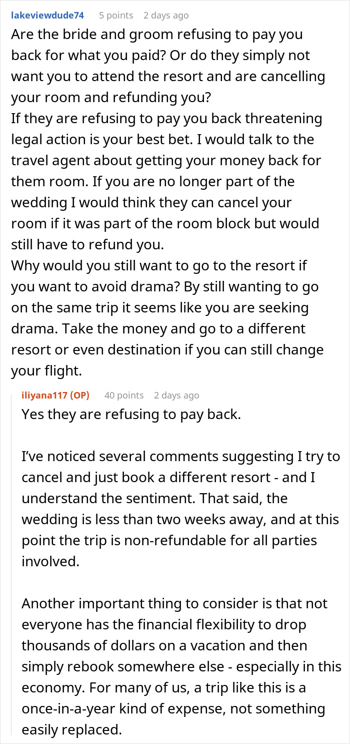 Bride tries to cancel guest’s resort room out of spite, causing financial and travel conflicts before the wedding. - 13
