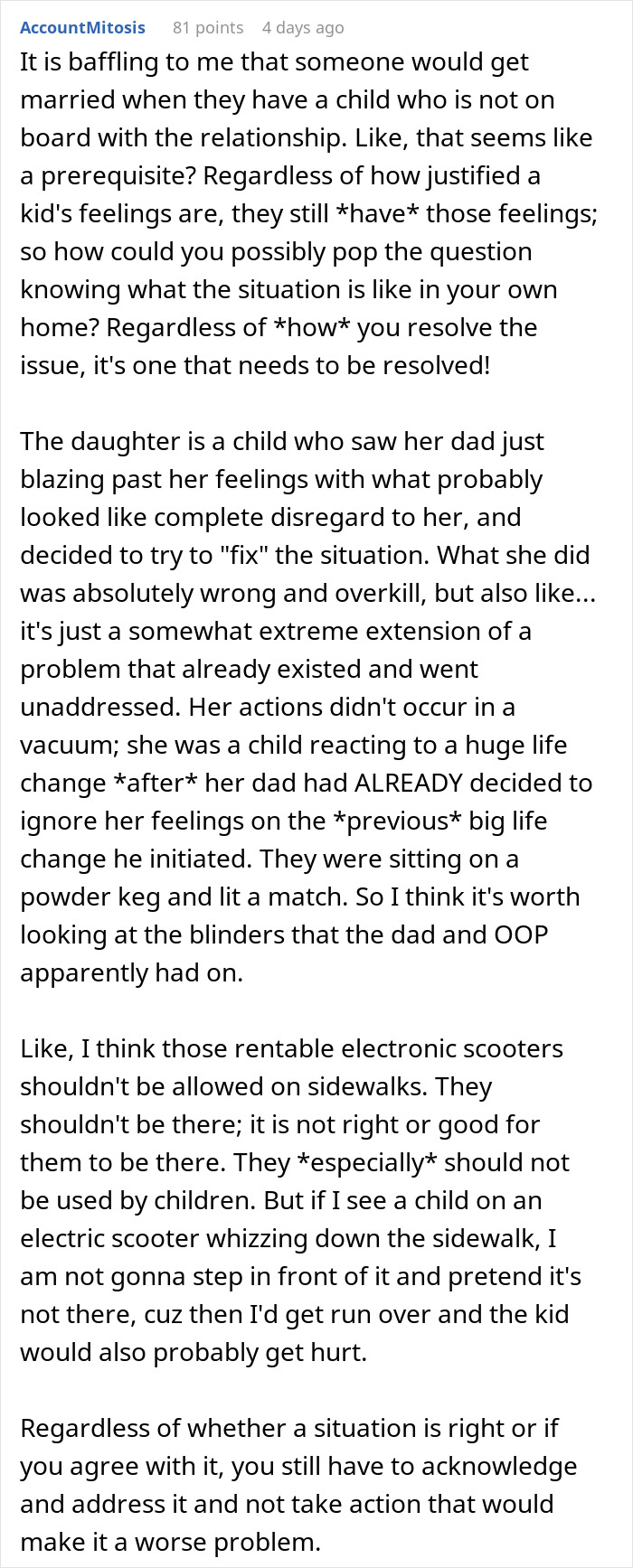 Comment discussing a teen forging texts to sabotage dad's relationship and its impact on family dynamics.