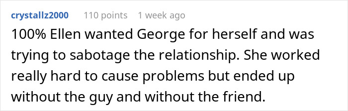 Text comment explaining a best friend sabotage relationship bf by causing problems and losing both the guy and the friend.