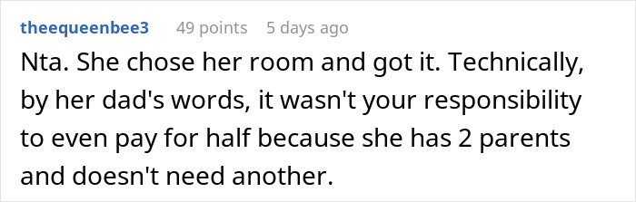 Screenshot of a Reddit comment discussing a mom putting more effort into her son’s room than her step-daughter’s. - 34