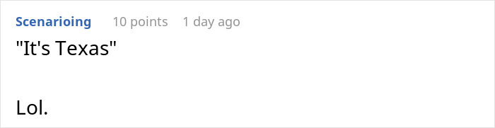 Screenshot of an online comment with the phrase It's Texas and a reaction saying Lol. - 53