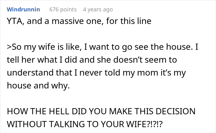 Reddit comment discussing a wife puzzled after discovering husband secretly owns and rents his mom&rsquo;s house.
