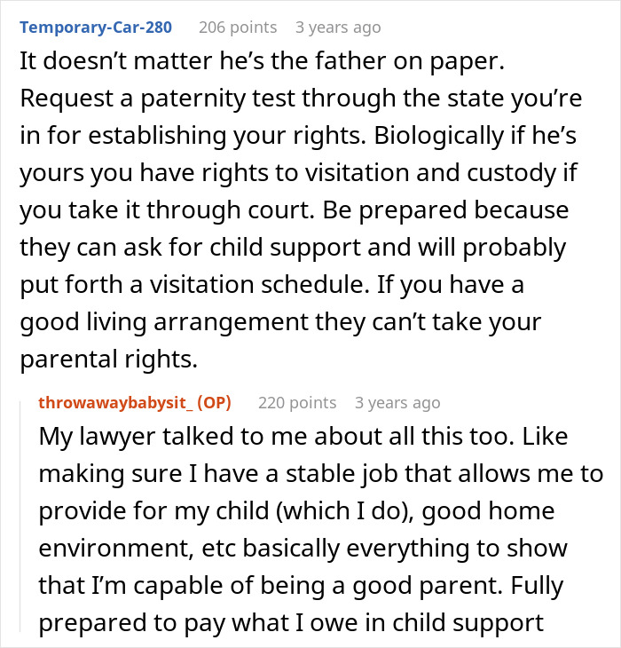 Screenshot of a detailed online discussion about bio dad refusing babysit, family drama, and legal custody rights advice.