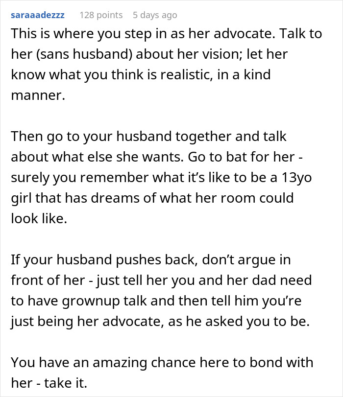 Text comment discussing advocating for a step-daughter’s room and balancing parental efforts in blended families. - 27