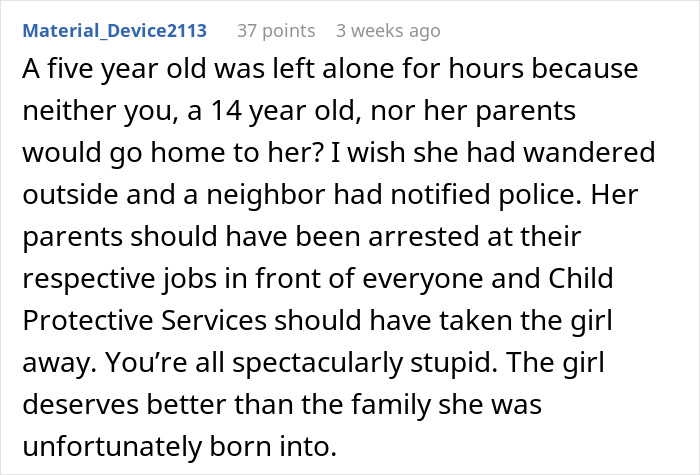 Comment discussing a teen refusing to babysit, leaving a 5-year-old alone for hours in an emergency situation. - 34