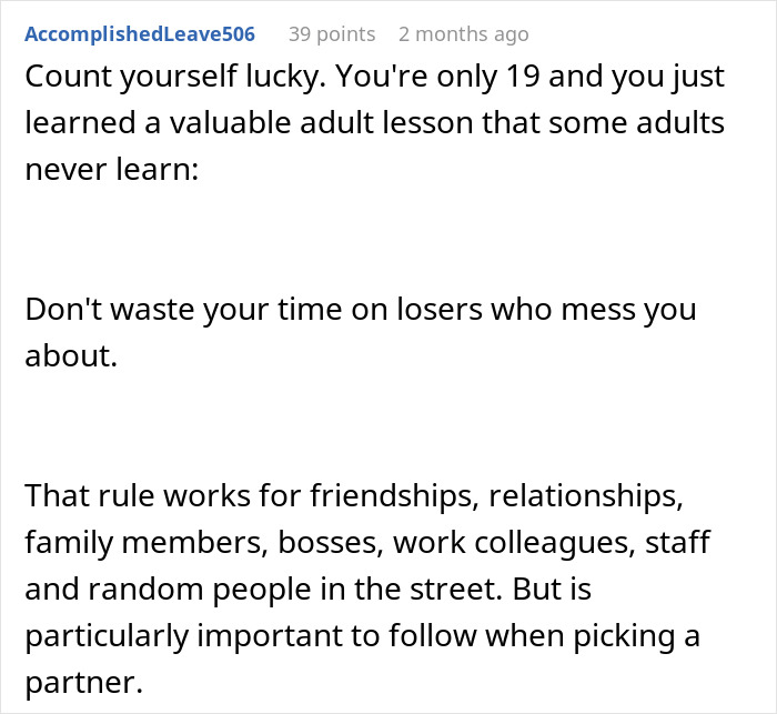 Comment about adult lesson on avoiding time wasted on losers in relationships and life after a sudden breakup blocking contact.