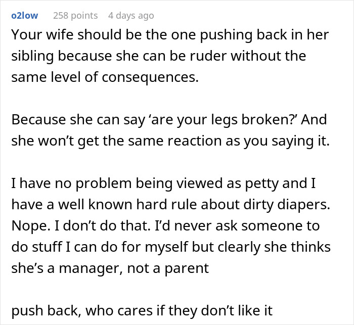 SIL lounging on couch while BIL runs after her kid, showing tension and readiness to end the arrangement.