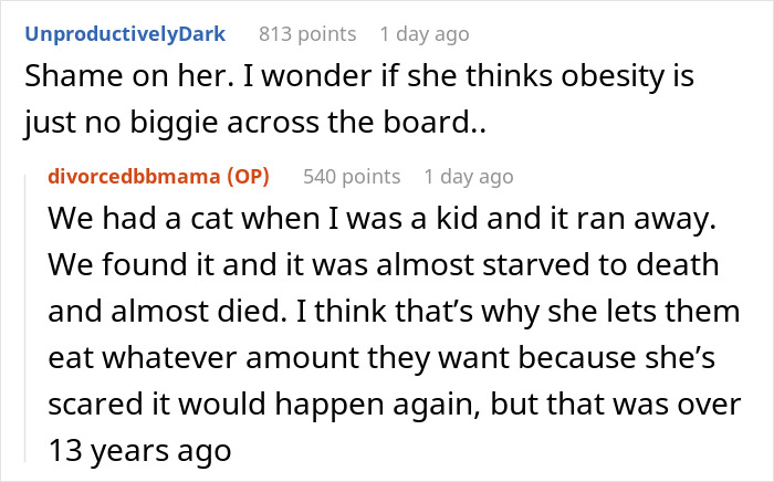 Reddit discussion where a woman calls her sister out over her cat being severely overweight and concerns about pet obesity. - 15