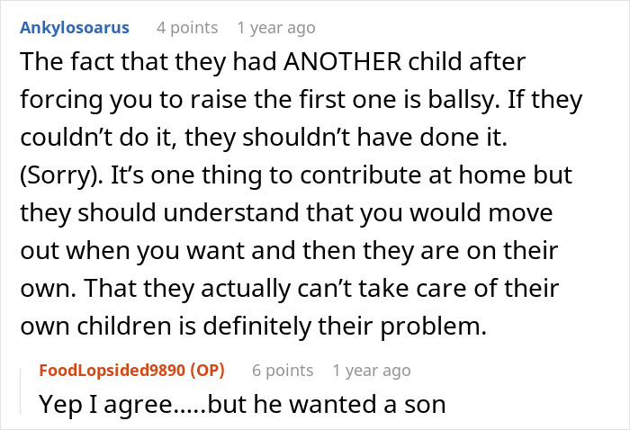 Reddit comments discussing feelings about responsibility for half-siblings and moving out due to family care burden.