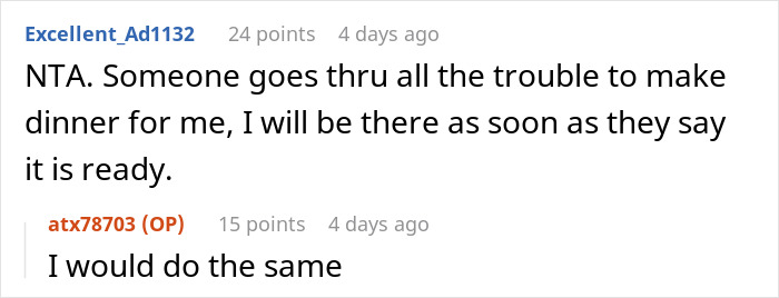 Screenshot of an online discussion about family&rsquo;s entitled behavior and being refused dinner due to unfair expectations.