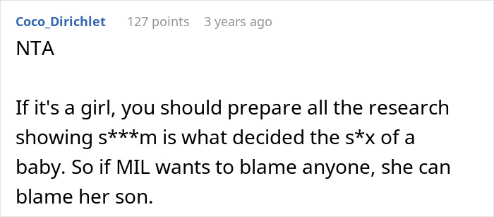 Reddit comment discussing traditional parents badgering daughter-in-law about unborn grandchild's gender and son’s backlash. - 20