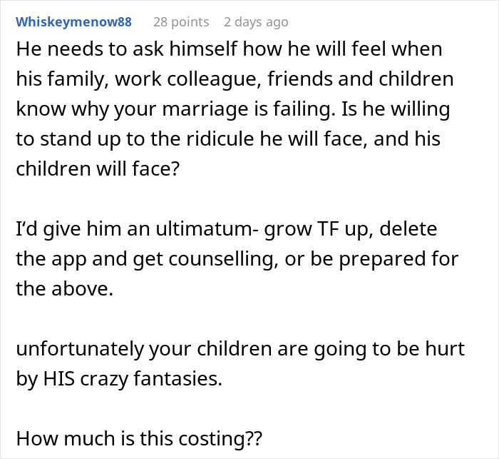 Commenter advises a woman questioning marriage after her husband falls in love with an AI girlfriend app. Commenter advises a woman questioning marriage after her husband falls in love with an AI girlfriend app.