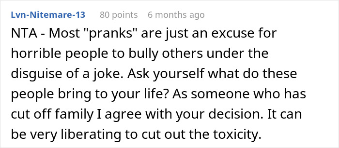 Comment discussing how fake legal notice pranks fuel toxicity, supporting cutting contact to protect oneself from harm. Comment discussing how fake legal notice pranks fuel toxicity, supporting cutting contact to protect oneself from harm.
