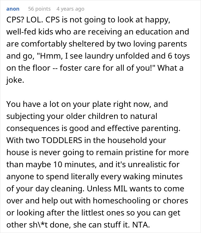 Comment discussing a mother letting family live in filth as a natural parenting lesson with toddlers in the house.