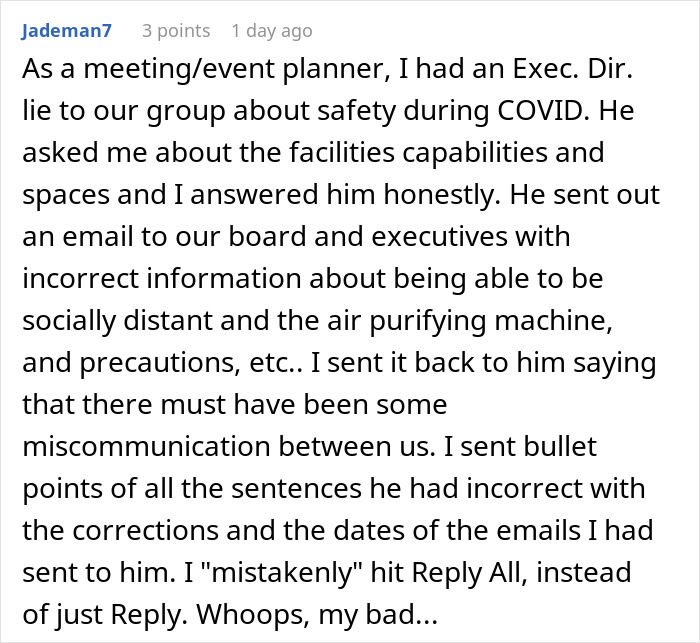 Comment describing a boss&rsquo;s request to fudge data about safety measures that ultimately backfires.