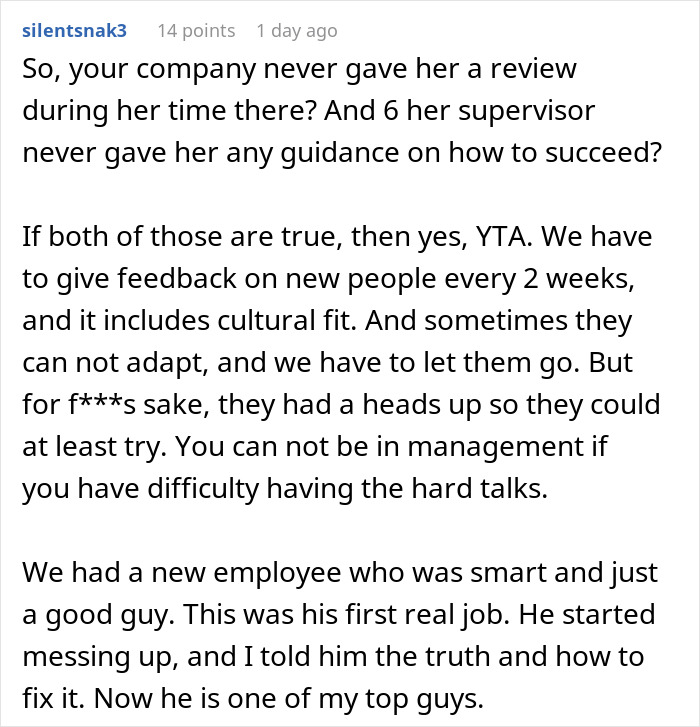 Screenshot of a Reddit comment discussing management, feedback, and consequences related to a friend getting fired.