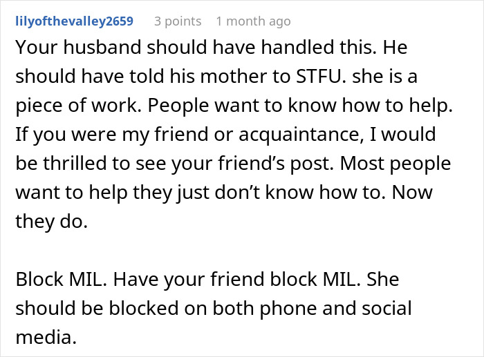 Comment advising to block MIL after woman battling cancer asks for help, highlighting family conflict and support challenges. - 37