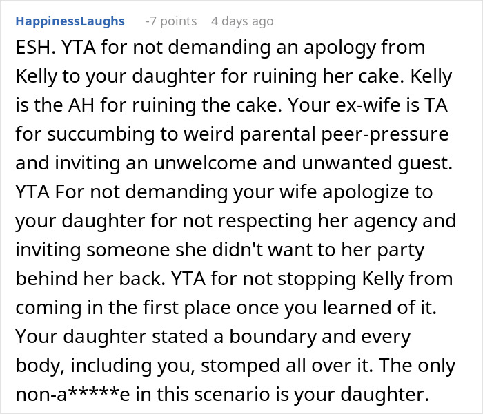 Comment discussing an unwanted guest ruining a daughter's party and the need for an apology afterward. Comment discussing an unwanted guest ruining a daughter's party and the need for an apology afterward.