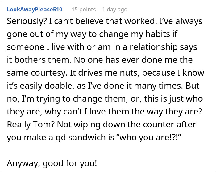 Comment discussing college students finally picking up after themselves when their only female roommate becomes petty about cleanliness. - 38