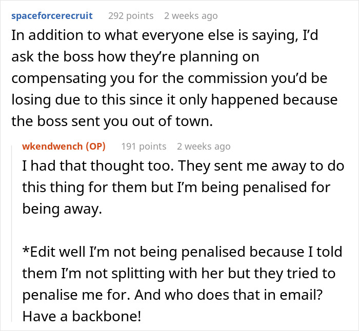 Discussion about a lazy worker demanding half of coworker&rsquo;s commission for minimal help despite being sent away by the boss.
