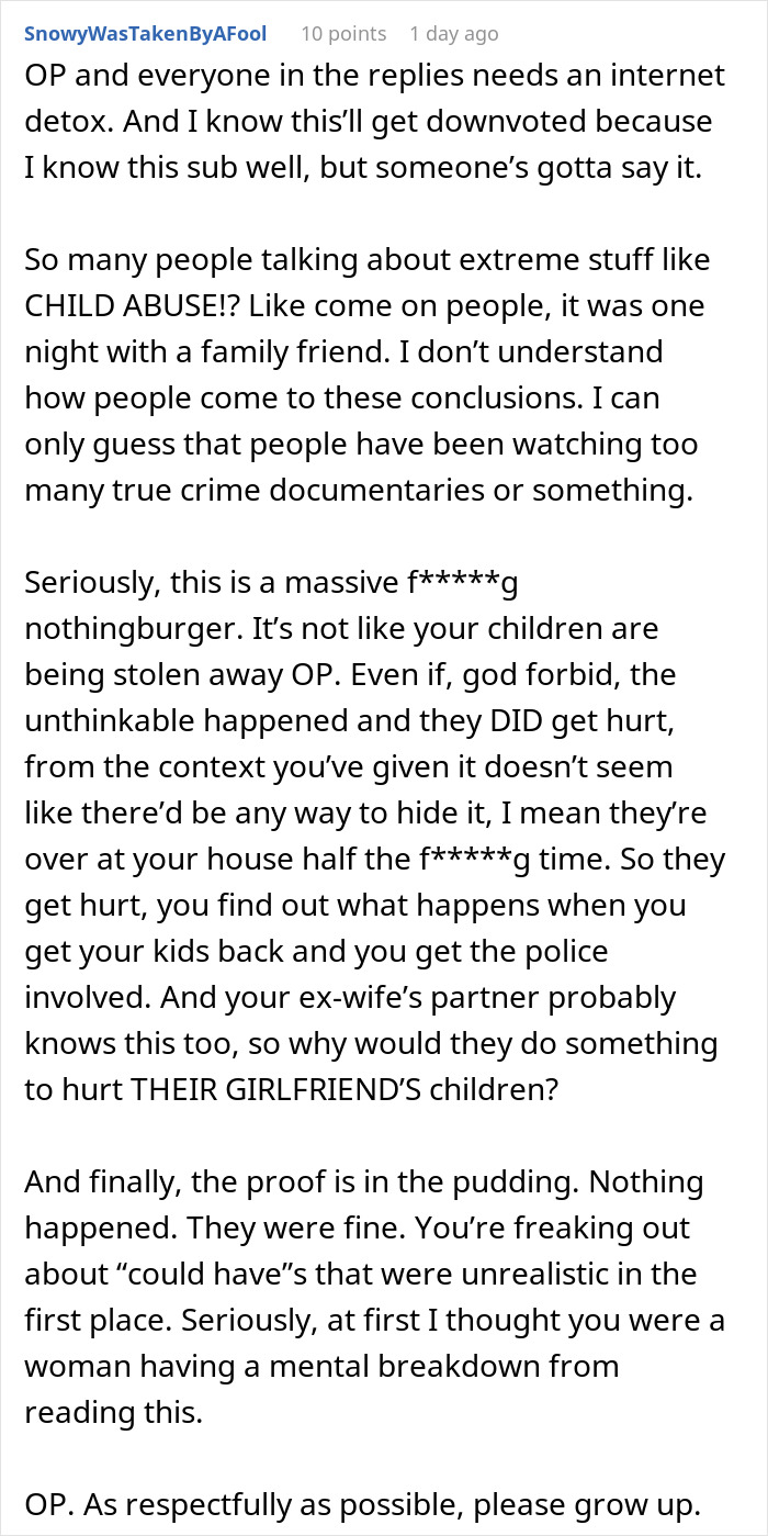 Comment discussing an 8-year-old spending the night at mom&rsquo;s boyfriend&rsquo;s house and the dad&rsquo;s reaction.