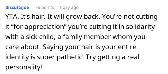 Comment expressing frustration over a 17-year-old refusing to shave his head to support 7-year-old with cancer.