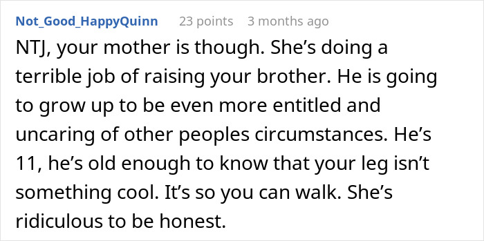 Comment from user Not_Good_HappyQuinn criticizing the mother for raising an entitled brother, mentioning the girl surviving cancer and accepting a prosthetic leg.